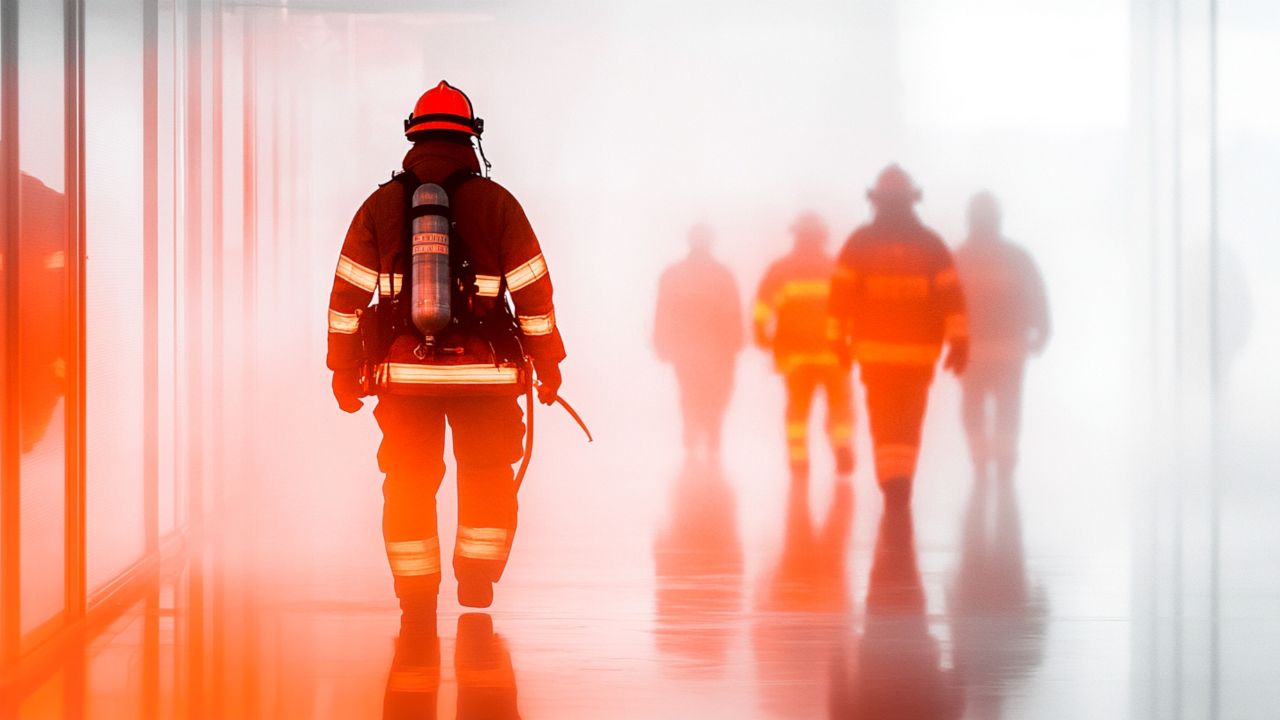 silhouette of firefighters, after extinguishing the fire, carrying out fire extinguishing duties