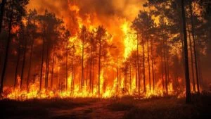 A striking image capturing the intensity of a forest fire, with towering flames consuming trees and billowing smoke filling the sky.