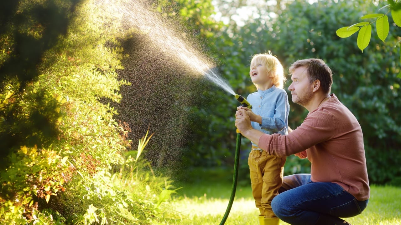 Funny little boy with his father watering plants and playing with garden hose in sunny backyard. Preschooler child having fun with spray of water. Summer outdoors activity for kids.