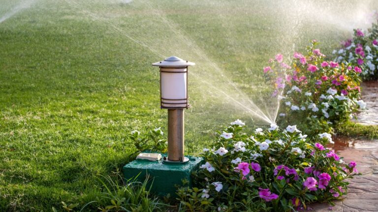 Plastic sprinkler irrigating flower bed on grass lawn with water in summer garden. Watering green vegetation duging dry season for maintaining it fresh.