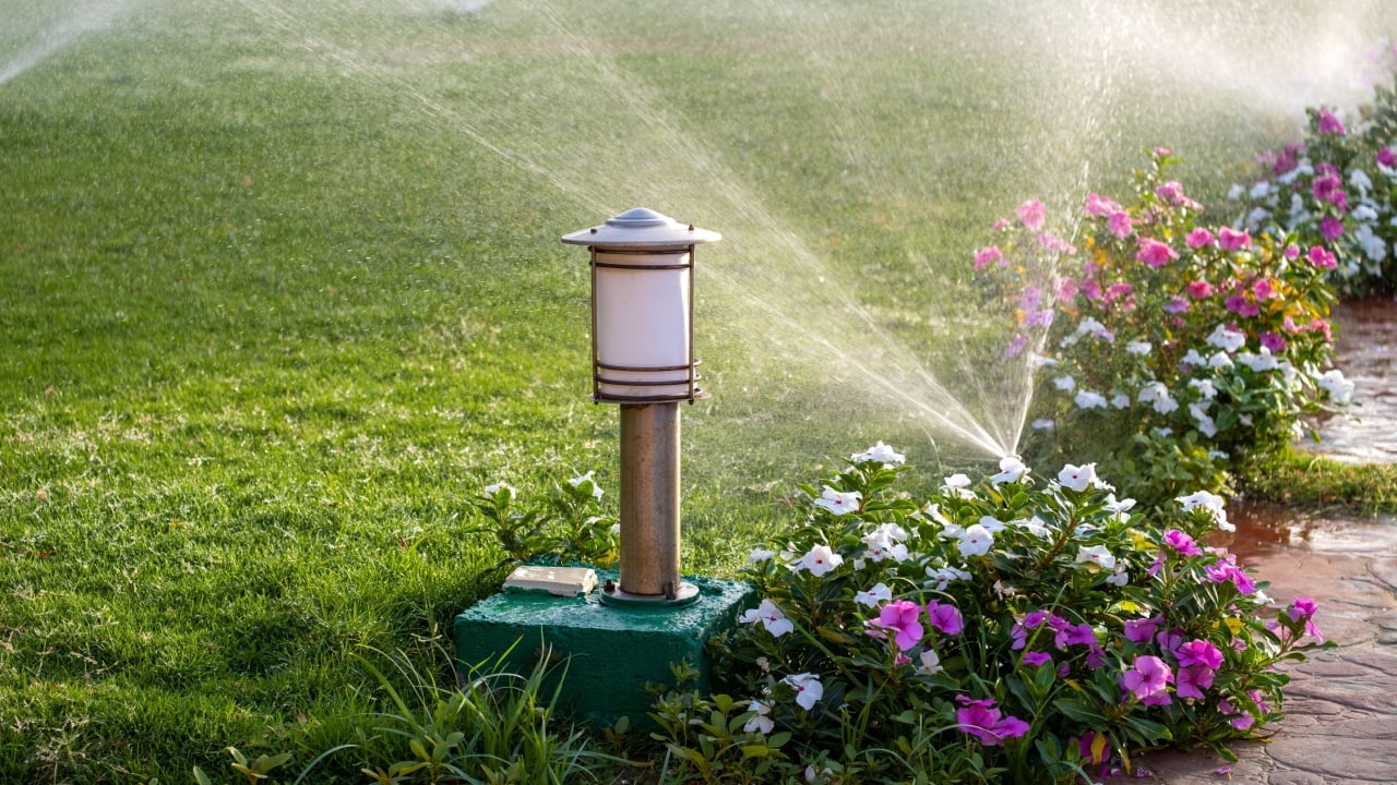 Plastic sprinkler irrigating flower bed on grass lawn with water in summer garden. Watering green vegetation duging dry season for maintaining it fresh.