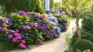 Beautiful flowers in the garden with hydrangeas. Blue, pink hydrangea flowers are blooming in summer in town garden heads in the sunlight. Aesthetic path near the house