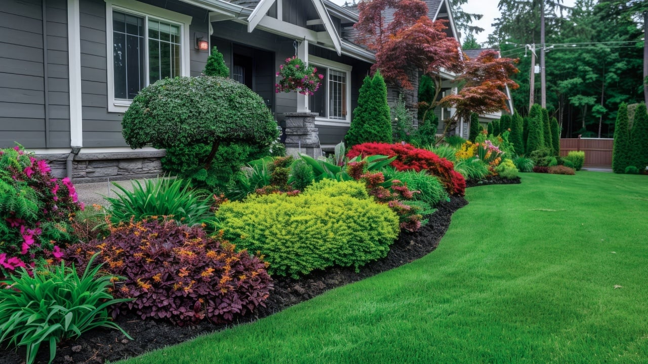 A picturesque and colorful front yard featuring a meticulously maintained garden bed filled with a diverse array of plants.