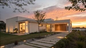 Modern single-story house with a minimalist garden at sunset, featuring clean lines and warm lighting.