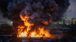 Orange toxic smoke from flames or fires of warehouses and industrial building at night. Burning house or adjacent area requiring the arrival of fire and rescue personnel due to fire safety violations.
