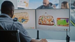 Airport Security Checkpoint: African American Security Officer Monitoring X-ray Scanning of Luggage on Computer Screens Using Software.