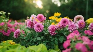Beautiful flower garden with blooming asters and different flowers in sunlight, landscape design, spring background
