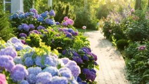 Blue, pink hydrangea flowers are blooming in summer in town garden heads in the sunlight. Beautiful garden with hydrangeas. Aesthetic path near the house.