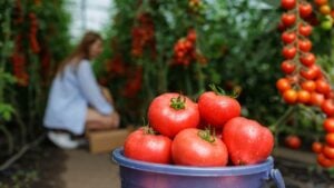 Close up of freshly picked tomatoes in a bucket, eco farm greenhouse harvest, organic healthy food, sustainable agriculture