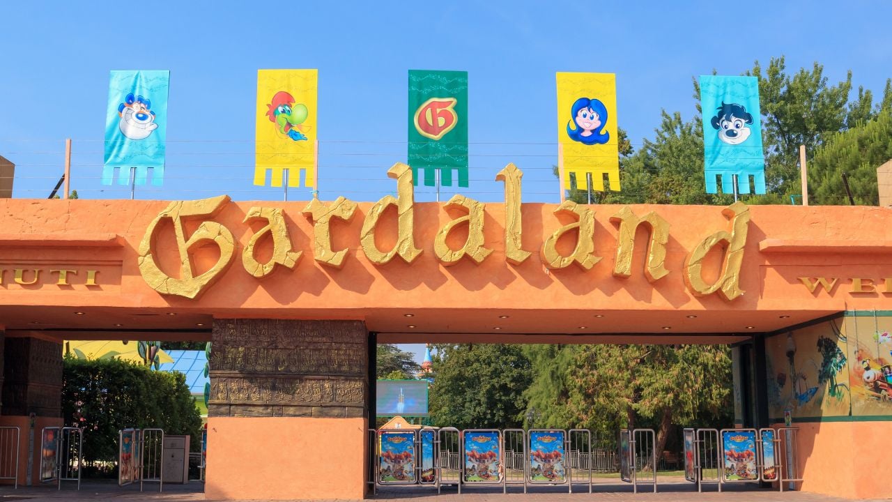 Garda, Italy - 17 June 2022: Gardaland Resort amusement park main entrance sign