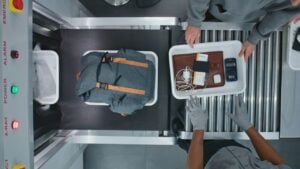 Top View on Diverse People, Passengers Putting Personal Items in Plastic Trays for Screening Procedures in X-ray Scanning Conveyor Belt.