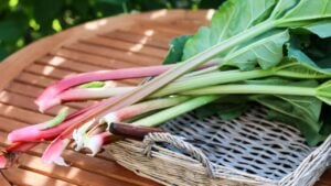rhubarb in a wicker basket on the table