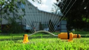 Automatic sprinkler watering green grass on lawn in garden. Irrigation system