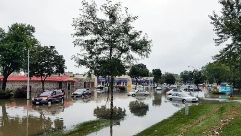 Cars on flooded street.