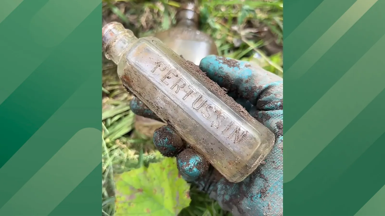 Woman finds bottles in yard.