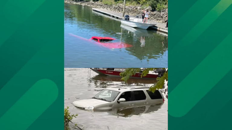 boat trailers and cars in the water.