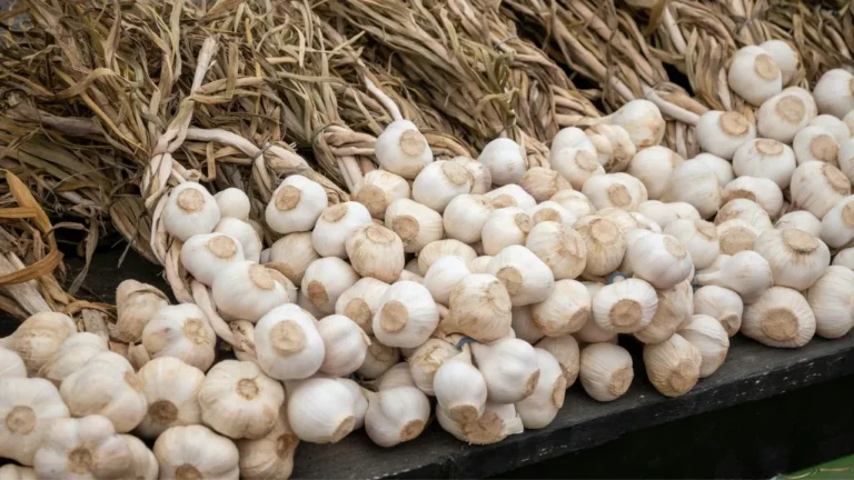 A bunch of garlic sitting on top of a table.