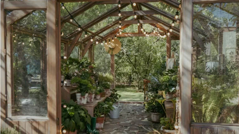 A dog laying on the ground in a garden.