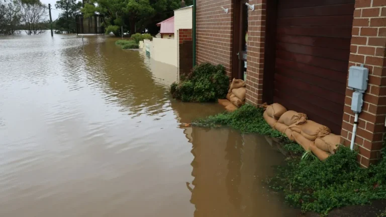 A flooded street with a building and a dog lying on the ground.