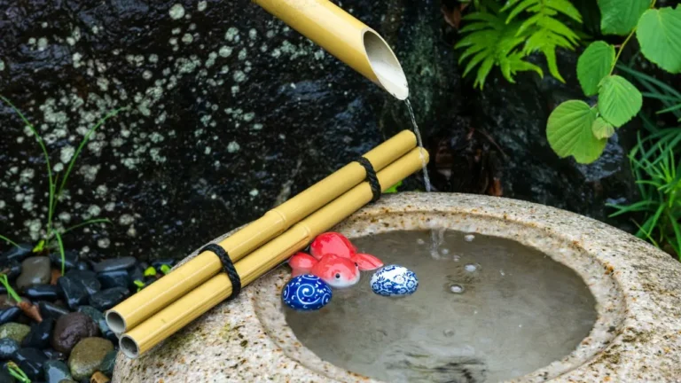 A fountain with two bamboo sticks sticking out of it.
