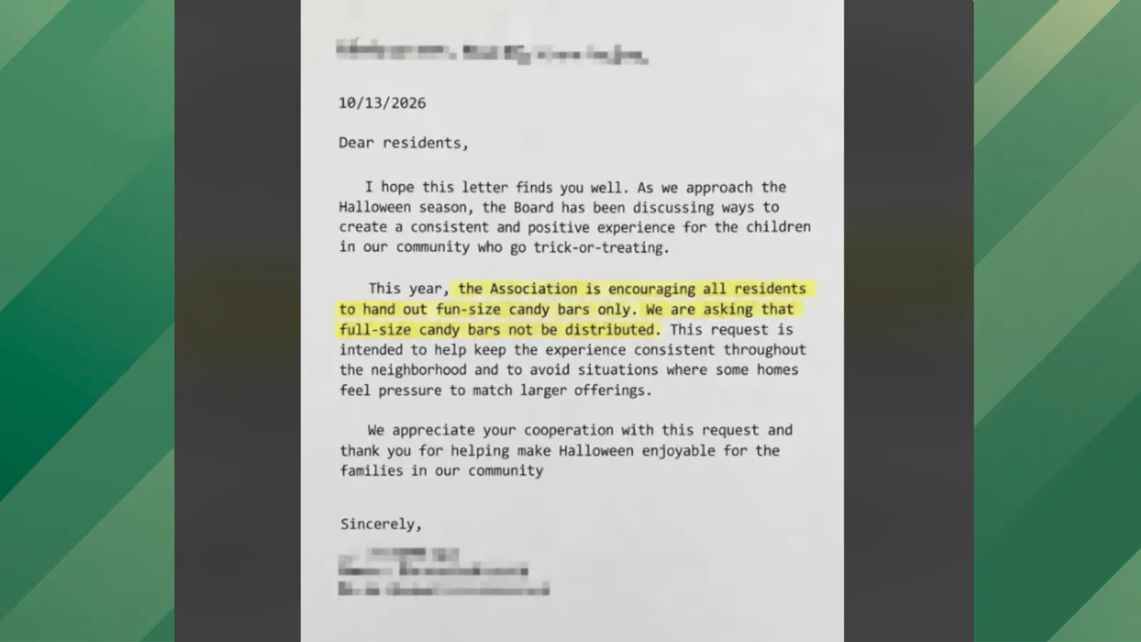 Homeowner receives rules about Halloween candy.