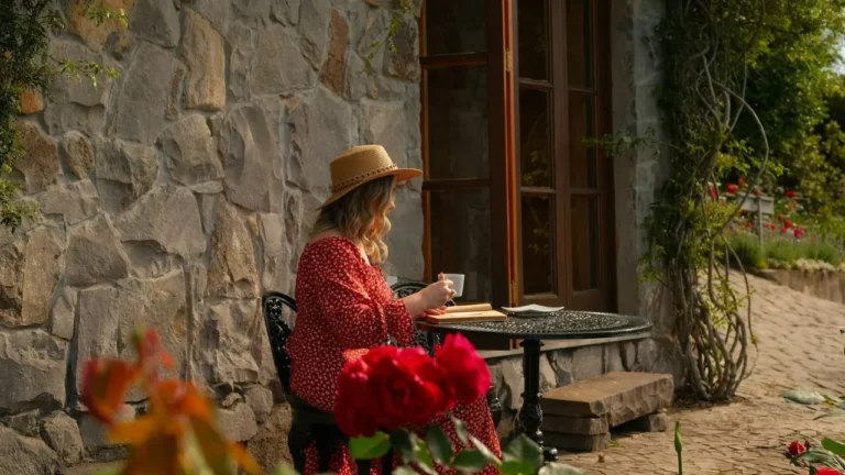 Woman in hat drinks coffee at outdoor table.