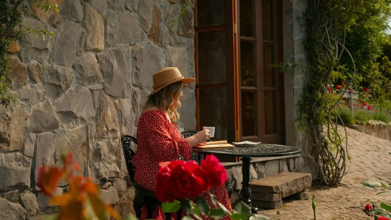 Woman in hat drinks coffee at outdoor table.